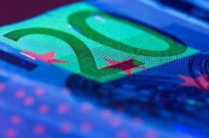 twenty euro banknote under ultra-violet light